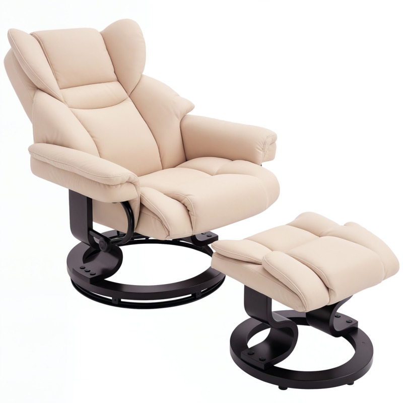 Padded Pu Leather Manual Reclining Armchair With Footstool - Cream