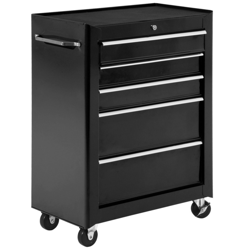 5-drawer Steel Tool Storage Cabinet With Wheels Handle - Lockable Black