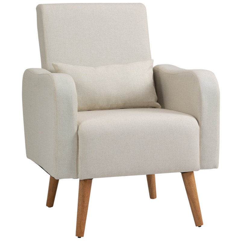 Linen-touch Armchair With Cushioned Pillow & Wood Legs - Cream