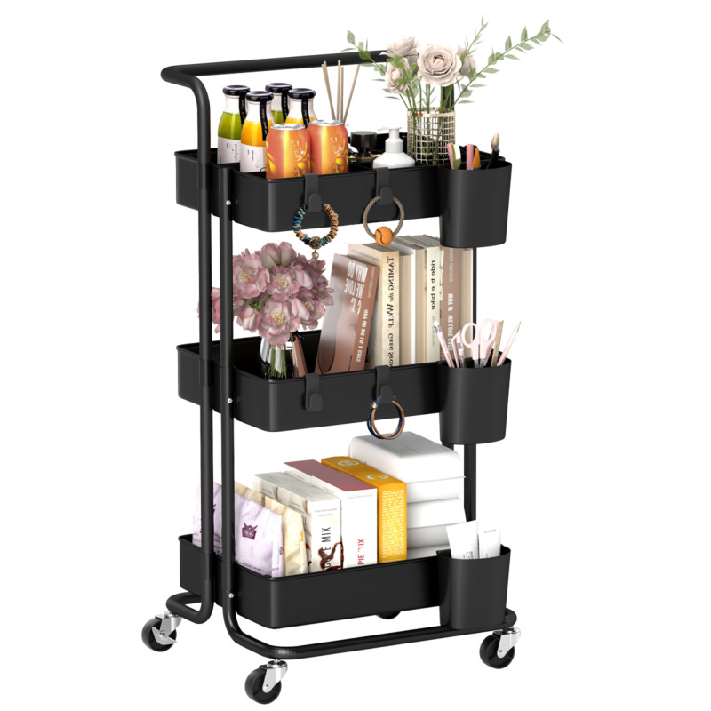 3-tier Utility Cart With Removable Mesh Baskets - Black Serving Trolley