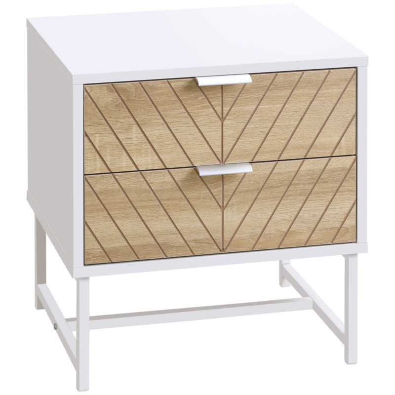 Homcom White & Oak Metal Frame Accent Table - 2 Drawer Bedside Sofa Side Table
