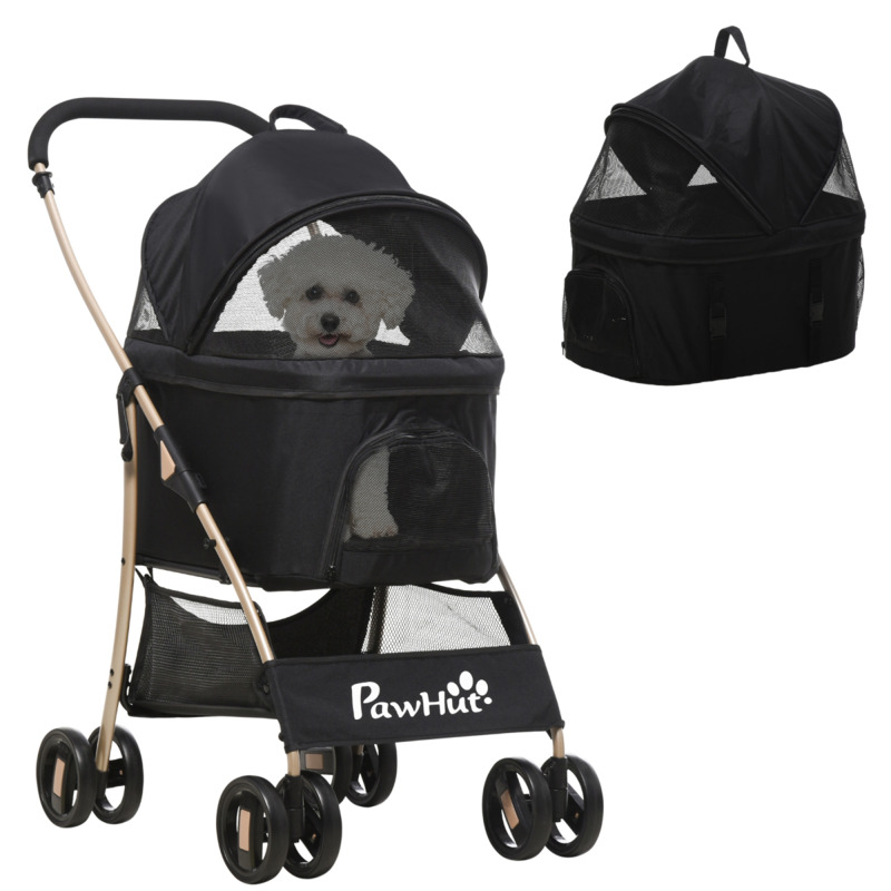 Pawhut 3-in-1 Pet Stroller Carrier Car Seat - Detachable Dog Cat Travel Carriage - Black