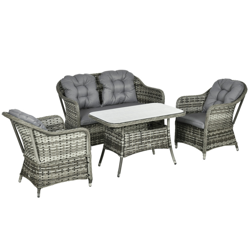 Outsunny All-weather Rattan Garden Furniture Set, Padded Sofa & Armchairs With Tempered Glass Table