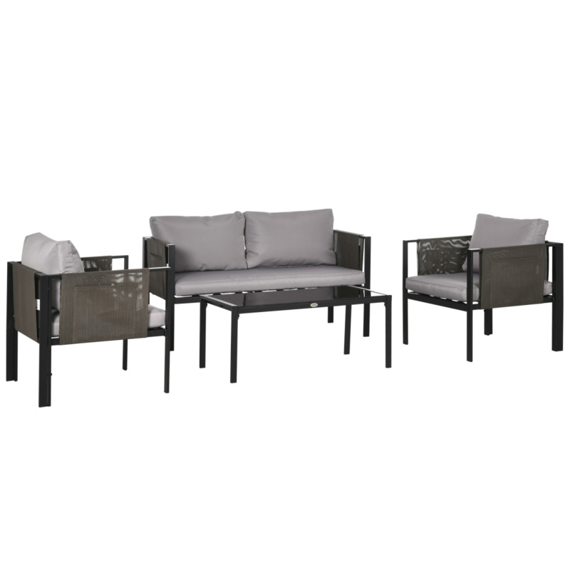 Outsunny Rattan Effect 4 Seater Garden Sofa Furniture Set - Grey With Tempered Glass Coffee Table