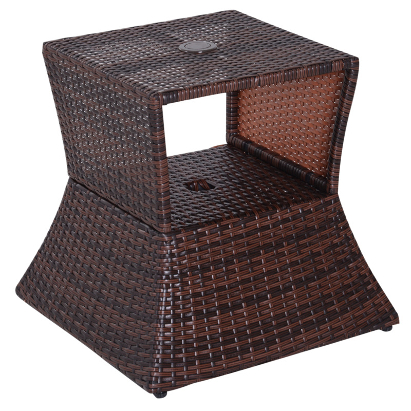 Outsunny Pe Rattan Wicker Coffee Table With Parasol Hole & Storage Shelf - Brown