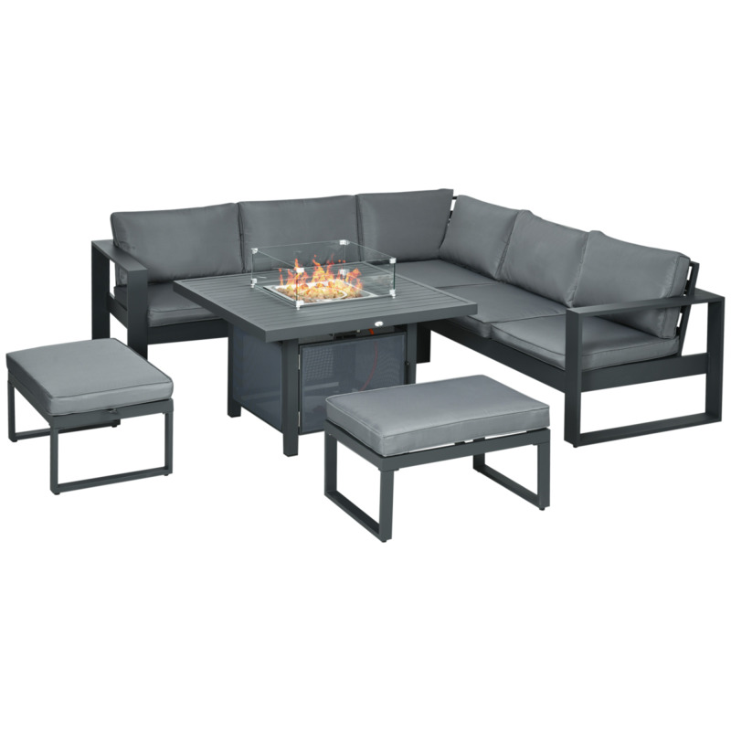 Outsunny 6-piece Aluminium Garden Sofa Set With Firepit Table - 50,000 Btu