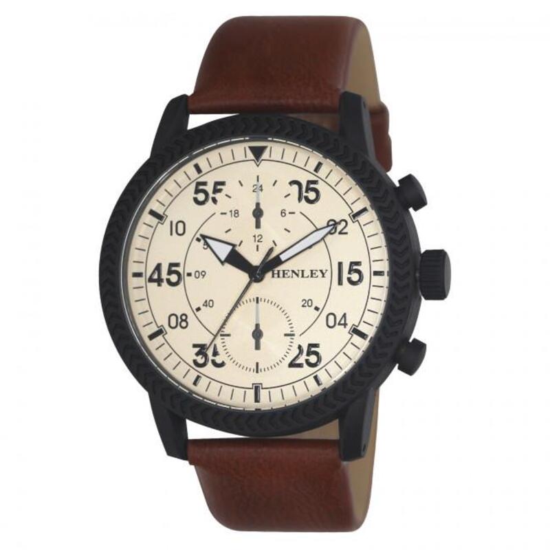 Henley Men's Bold Textured Cream Dial Brown Leather Strap Sports Watch