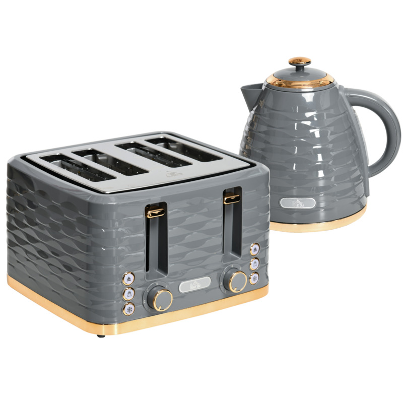 Homcom Grey 1.7l Rapid Boil Kettle & 4 Slice Toaster Set