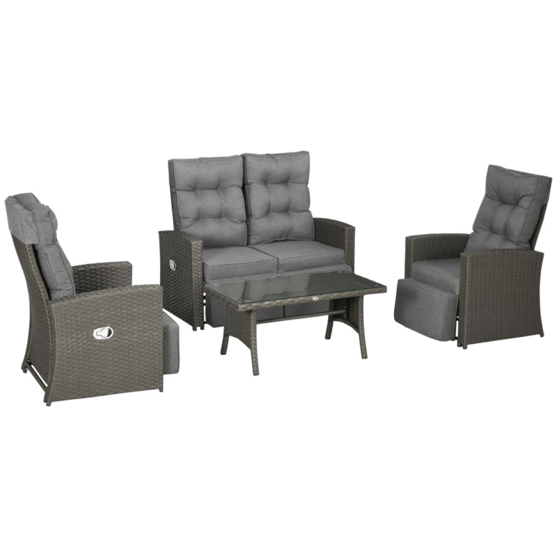 Outsunny Rattan Garden Furniture Set With Reclining Armchairs Glass Coffee Table - Grey