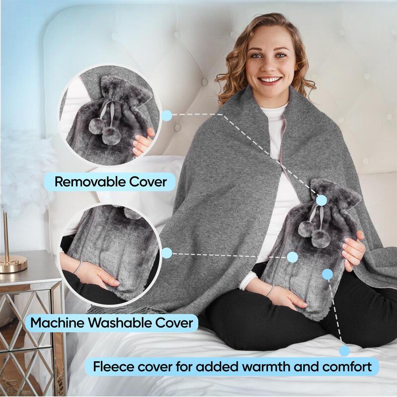 Grey Pom-pom Hot Water Bottle - 2 Litre Capacity