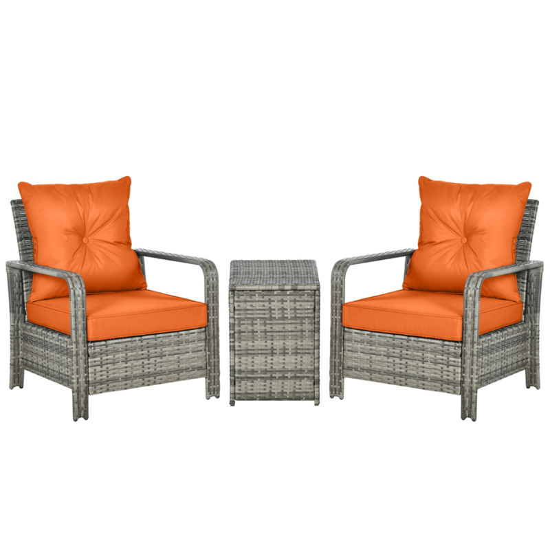 Outsunny 3 Piece Pe Rattan Garden Sofa Set With 2 Chairs & Storage Table - Orange