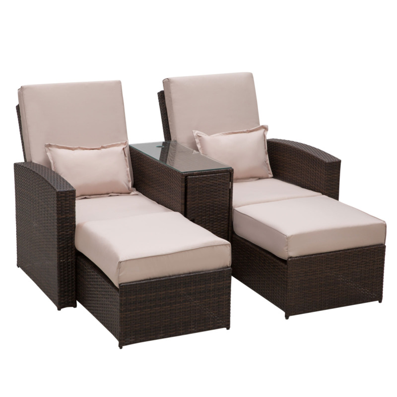 Outsunny Double Rattan Sun Lounger Sofa Recliner Wicker Patio Brown Adjustable 5 Positions