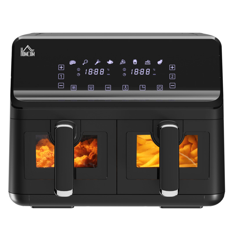 Homcom Twin Air Fryer 8l Family Size With 2 Baskets, 8 Presets, 60-min Timer, 2500w