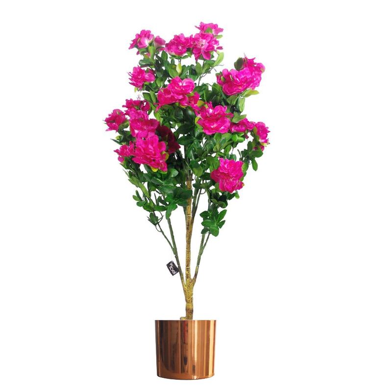 Leaf 100cm Artificial Azalea Plant Pink Flowers In Copper Metal Planter