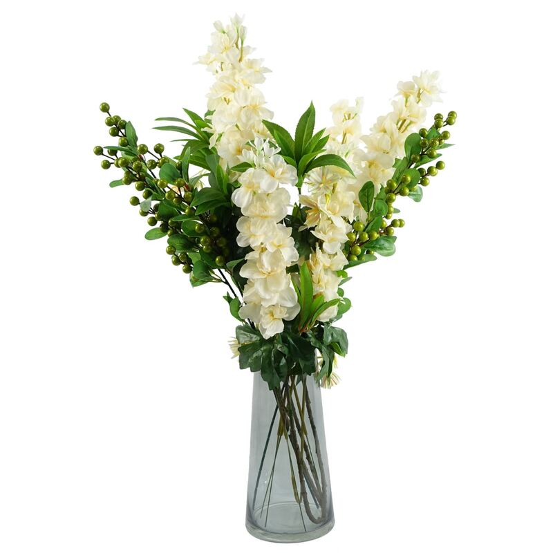 Leaf Artificial Berry Delphinium Flower Mix In Glass Vase - Cream, 60cm