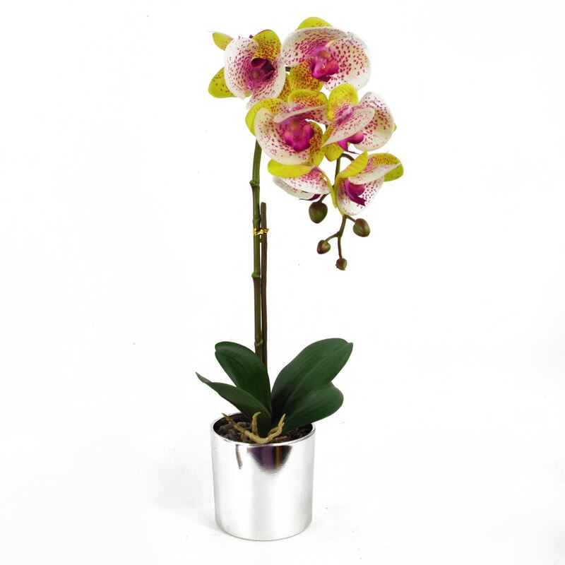 Leaf 46Cm Artificial Orchid Harlequin Pink In Silver Pot