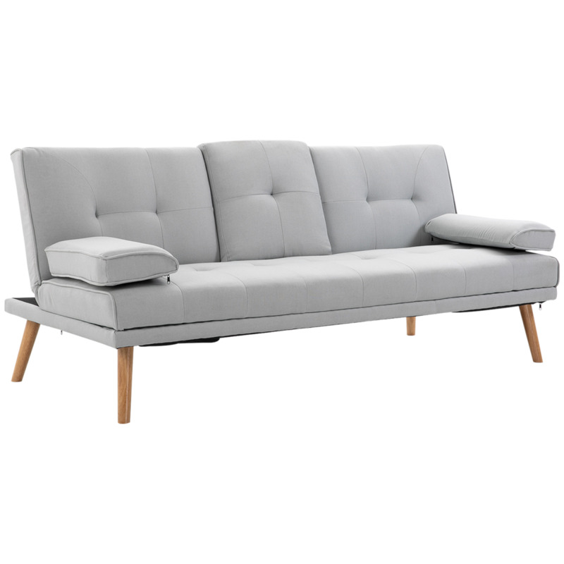 Homcom 3 Seater Sofa Bed Linen Scandi Style Recliner 3 Recline Positions Metal Frame Wooden Legs With Middle Table & 2 Cup Holders