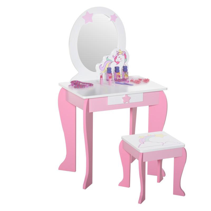 Homcom Unicorn Dressing Table And Stool Set For Kids - 90cm H X 49cm L X 34cm W