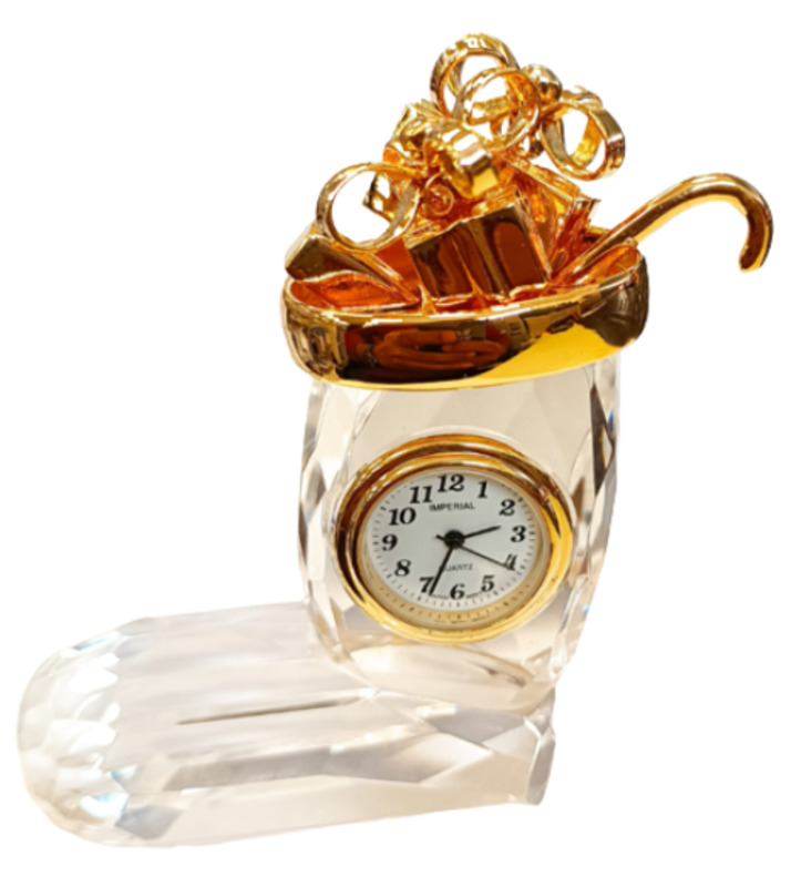 Crystal Glass Miniature Clock Christmas Stocking - Gold Plated Solid Brass