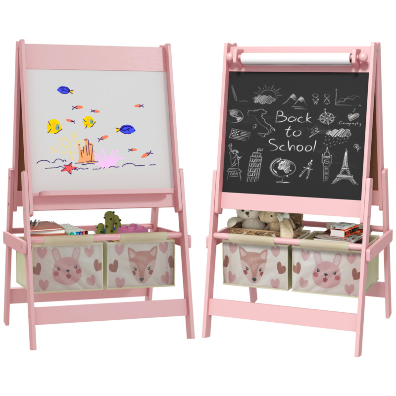 Aiyaplay Kids Easel With Paper Roll, Blackboard, Whiteboard, Storage Baskets - Pink