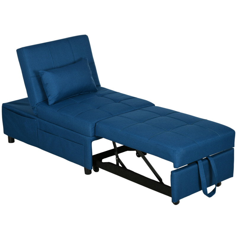 Homcom Linen-look Folding Sofa Bed Armchair Single Sleeper - Blue With Side Pocket
