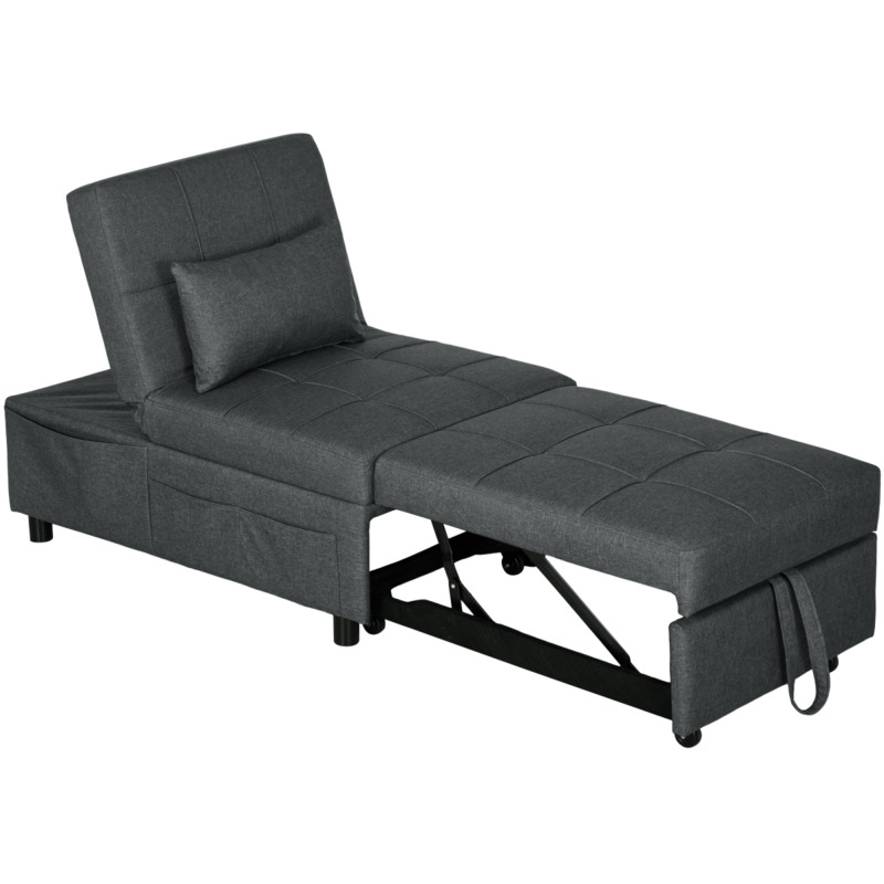 Homcom Linen-look Folding Sofa Bed Single Sleeper With Pillow Side Pocket Grey
