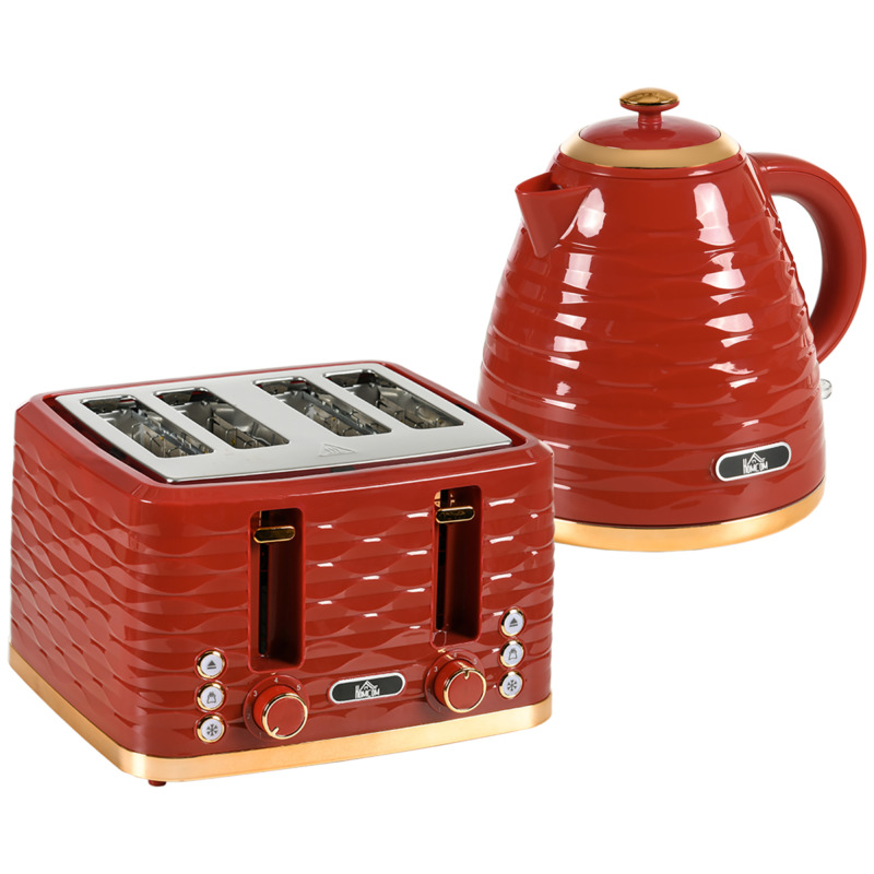 Homcom Red Kettle And Toaster Set - 1.7l Rapid Boil Kettle, 4 Slice Toaster