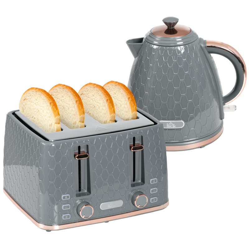 Homcom 1.7l Kettle And Four-slice Toaster Set With Defrost & Reheat - Grey