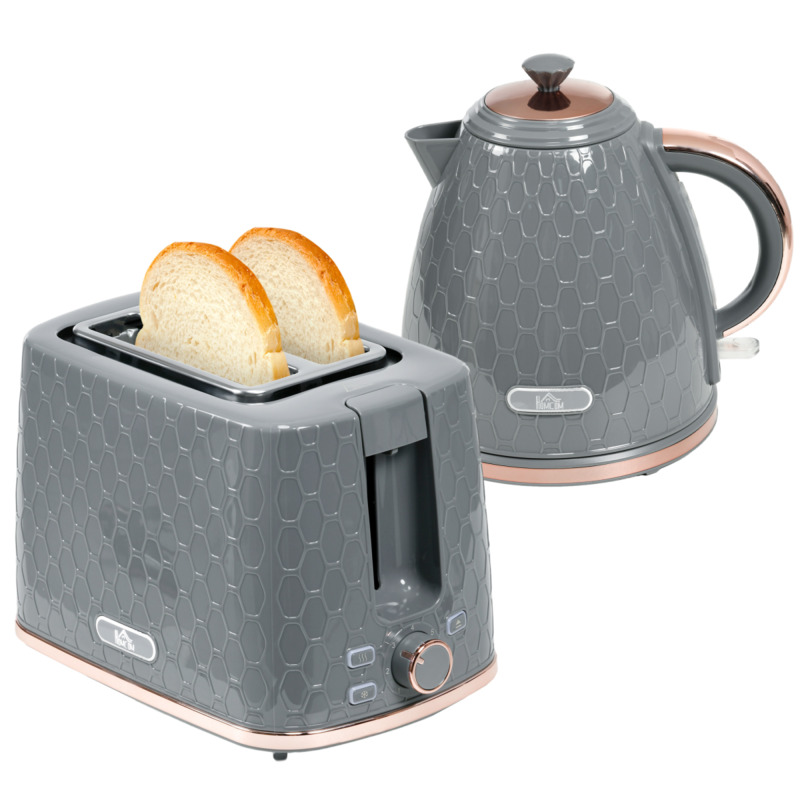 Homcom Grey Honeycomb Kettle & 2-slice Toaster Set - 1.7l Rapid Boil, 7 Browning Levels
