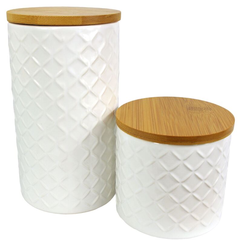 Leaf Ceramic Canisters With Lids - Embossed Cream (set Of 2)