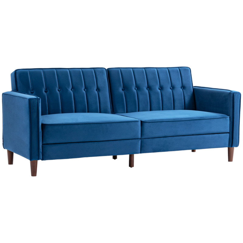 Homcom Convertible Three-seater Sofa Bed Velvet-touch Tufted Split Back Blue