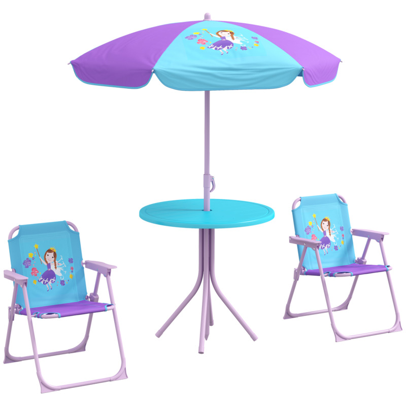 Outsunny Fairy Theme Kids Bistro Table & 2 Chair Set With Adjustable Parasol, Foldable
