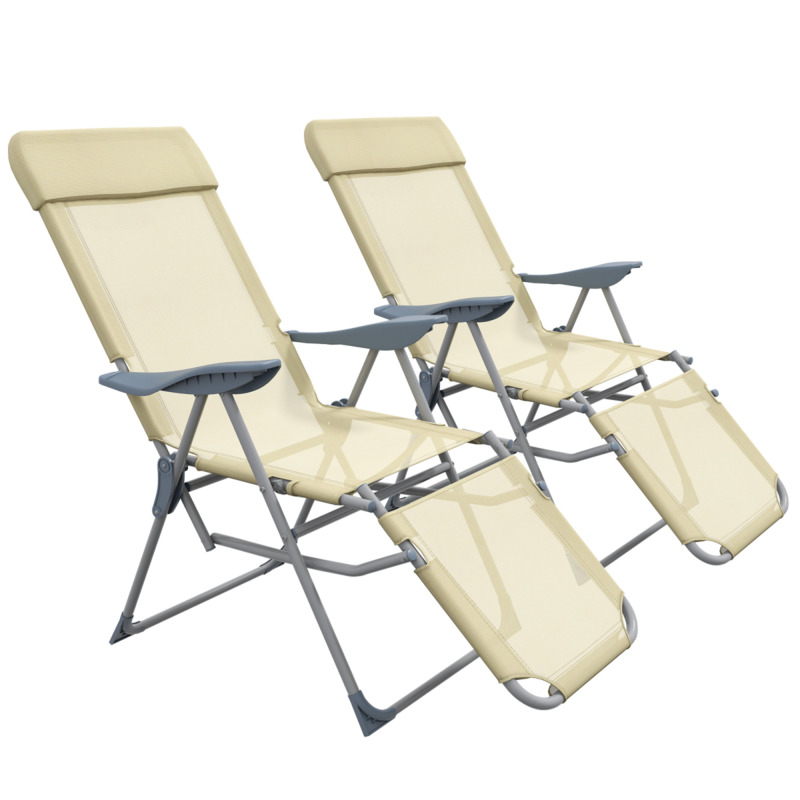 Outsunny Set Of 2 Reclining Garden Chairs - 5-level Adjustable Backrest Padded Headrest Beige Mesh