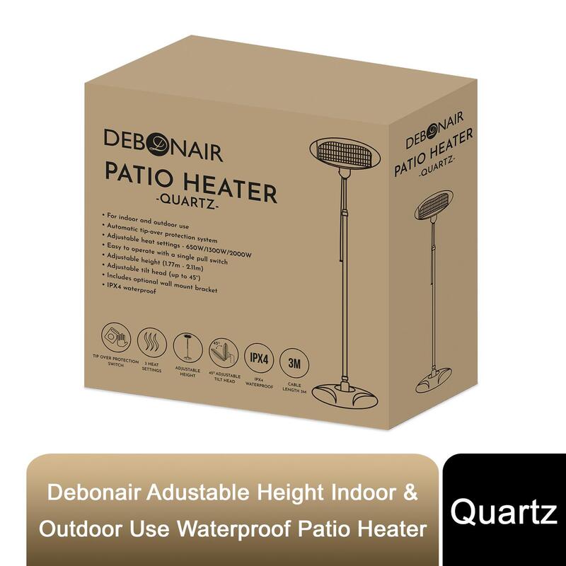 Debonair Adjustable Height Waterproof Patio Heater - Indoor & Outdoor Quartz Heating