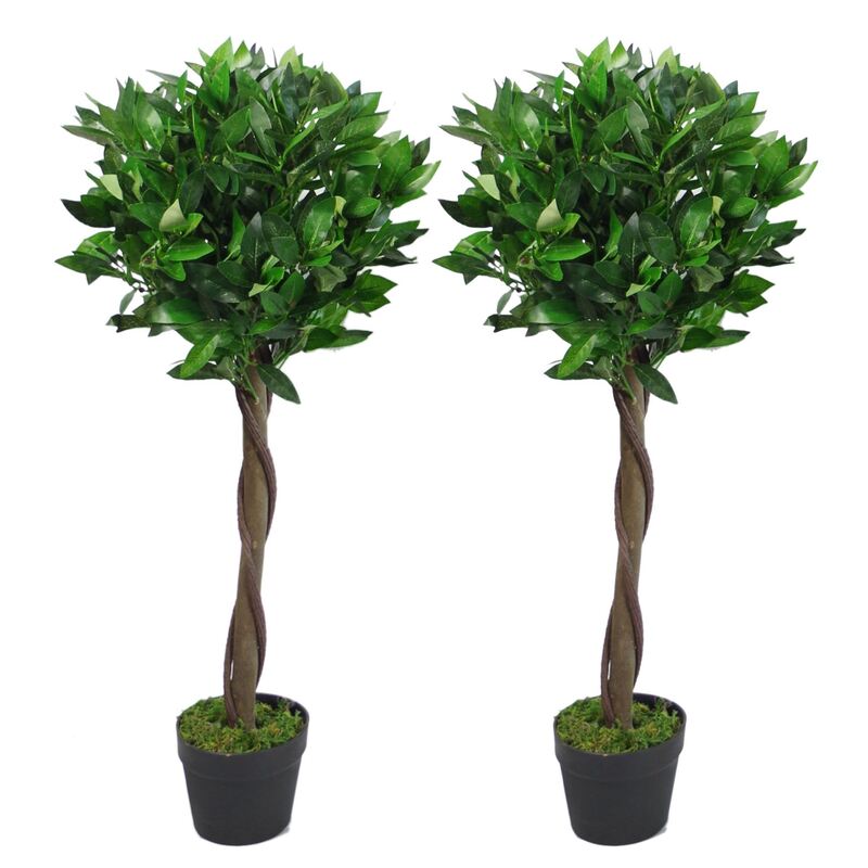 Leaf 90Cm Twisted Stem Artificial Bay Laurel Ball Trees - Pair