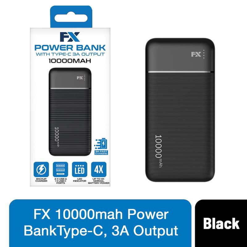 Fx 10,000 Mah Powerbank - Black, 3a Type-c Output