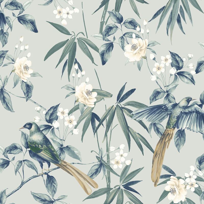 Oriental Floral Birds Print - Grey/blue