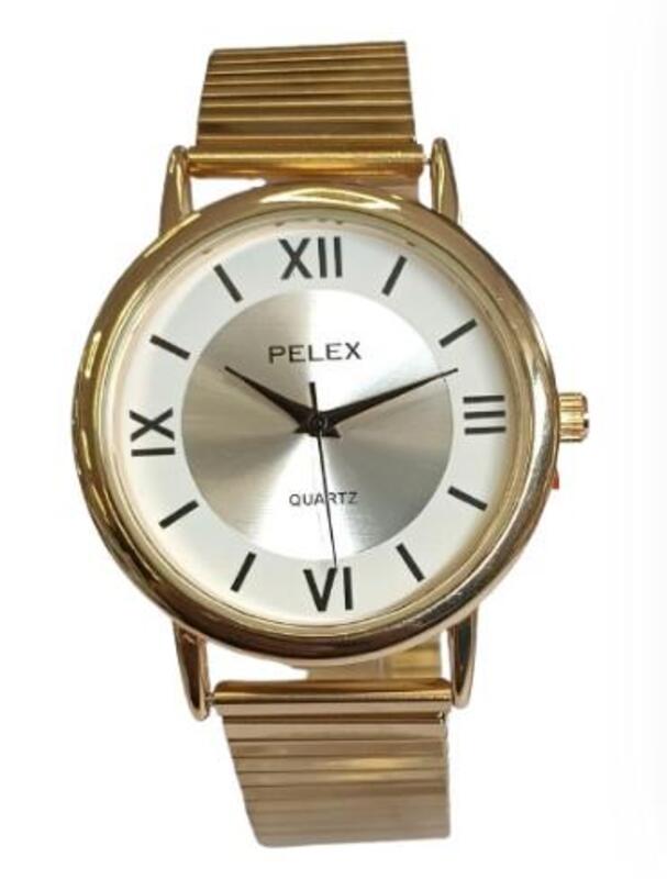 Pelex Men's Gold-tone Roman Numeral Watch - White Dial, Gold Bracelet Strap, Quartz