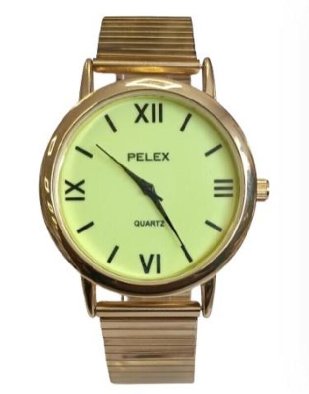 Pelex Big Roman Number Gold Case Quartz Watch - Night Glow Dial, Gold Bracelet Strap
