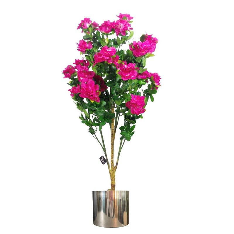 Leaf 100cm Premium Artificial Azalea Pink Flowers Potted Plant - Silver Metal Planter