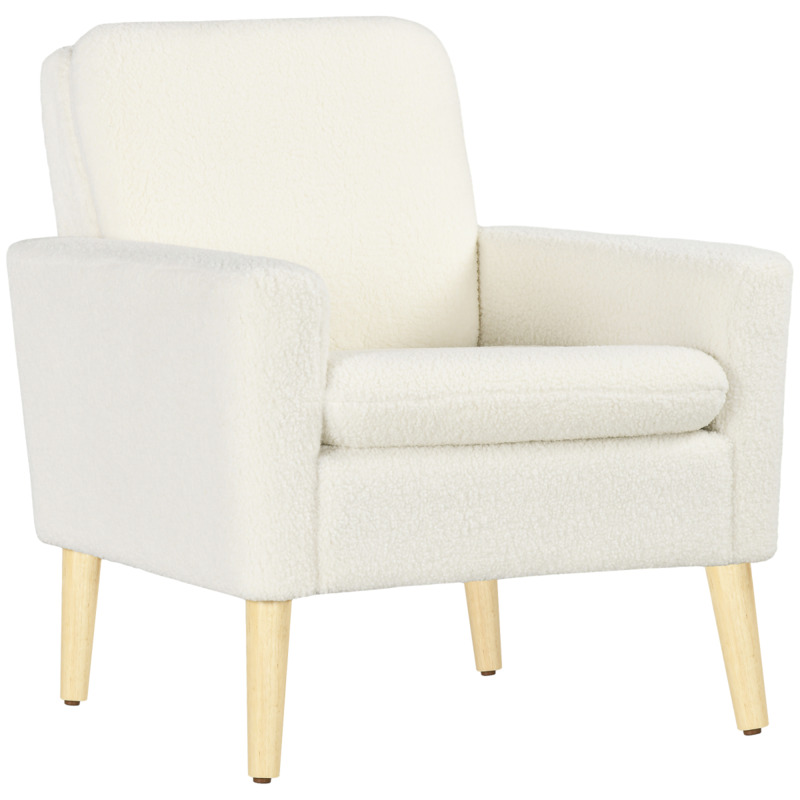 Homcom Teddy Fleece Armchair With Wood Legs, Wide Padded Seat, Cream Accent Chair