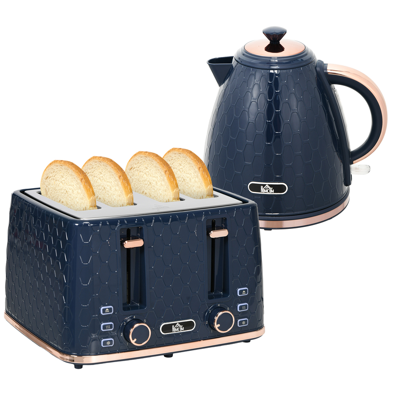 Homcom 1.7l Kettle & Four-slice Toaster Set - Honeycomb Design With Defrost, Reheat & Crumb Tray