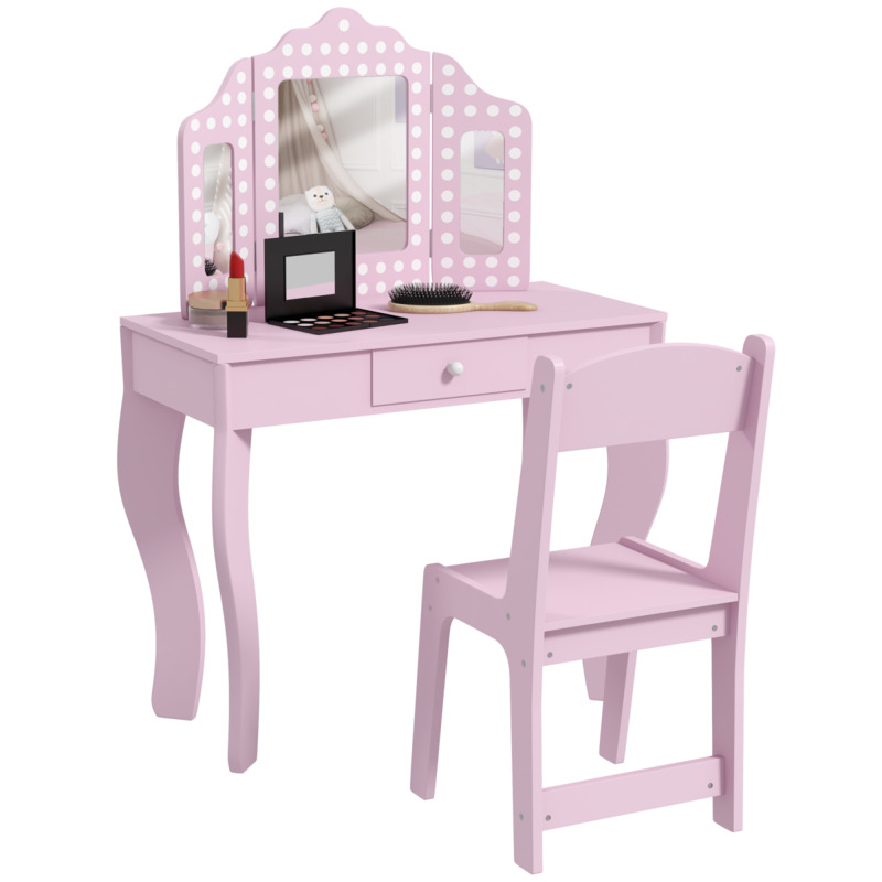 Aiyaplay Tri-folding Mirror Dressing Table & Stool Set - Dual-purpose Playroom & Craft Vanity