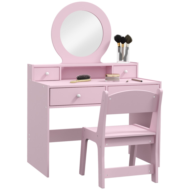 Aiyaplay Mdf Kids Dressing Table Set With Stool, Mirror, 4 Drawers - Pink