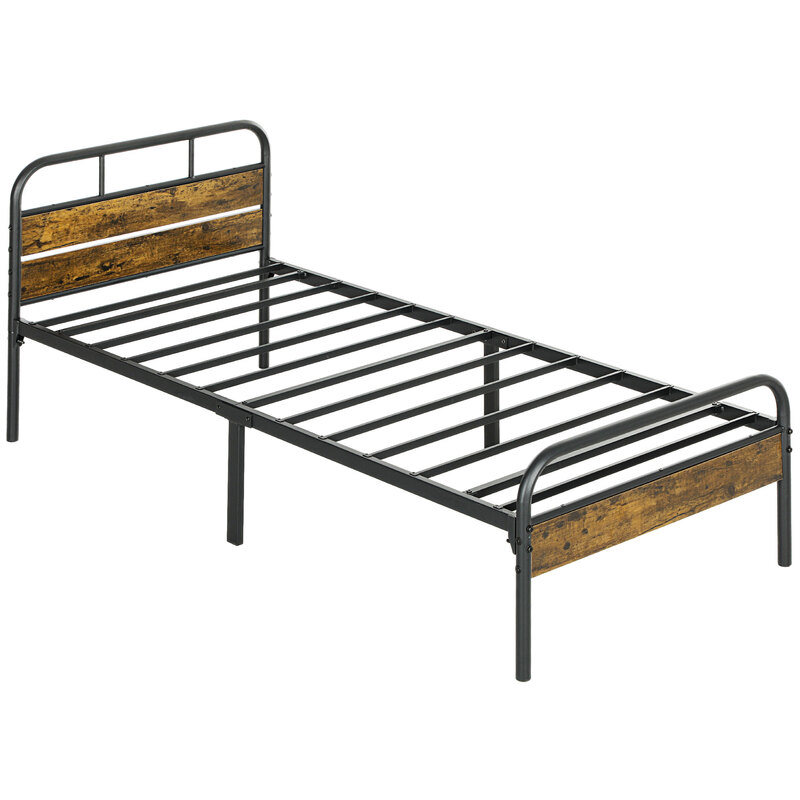 Homcom Metal Single Bed Frame With Headboard - Industrial Design No Box Spring Required 32cm Clearance