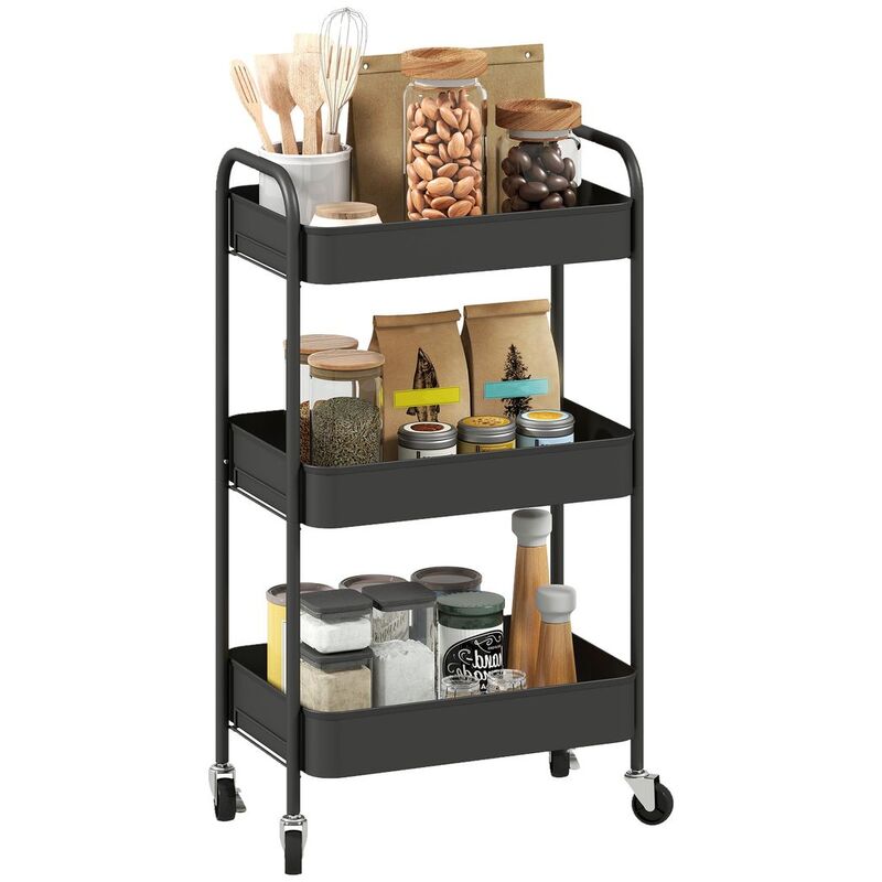 Homcom 3-tier Rolling Utility Trolley With 3 Mesh Baskets