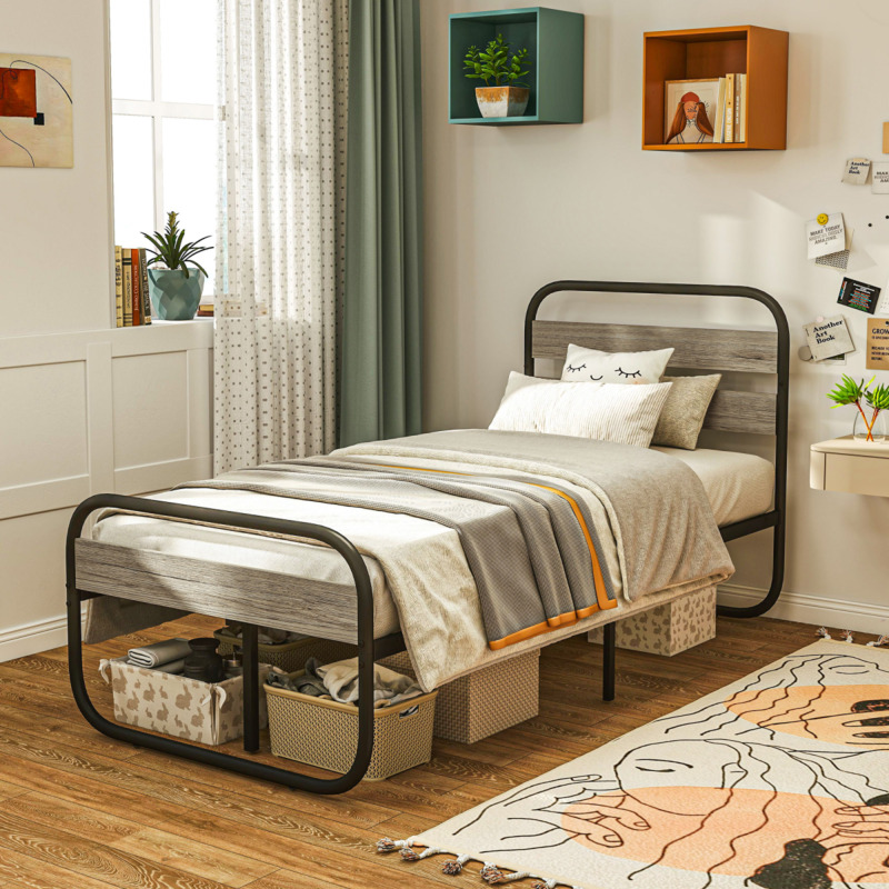 Homcom Black Metal Single Bed Frame With Wood Effect Headboard Footboard - 31 5cm Under Bed Storage