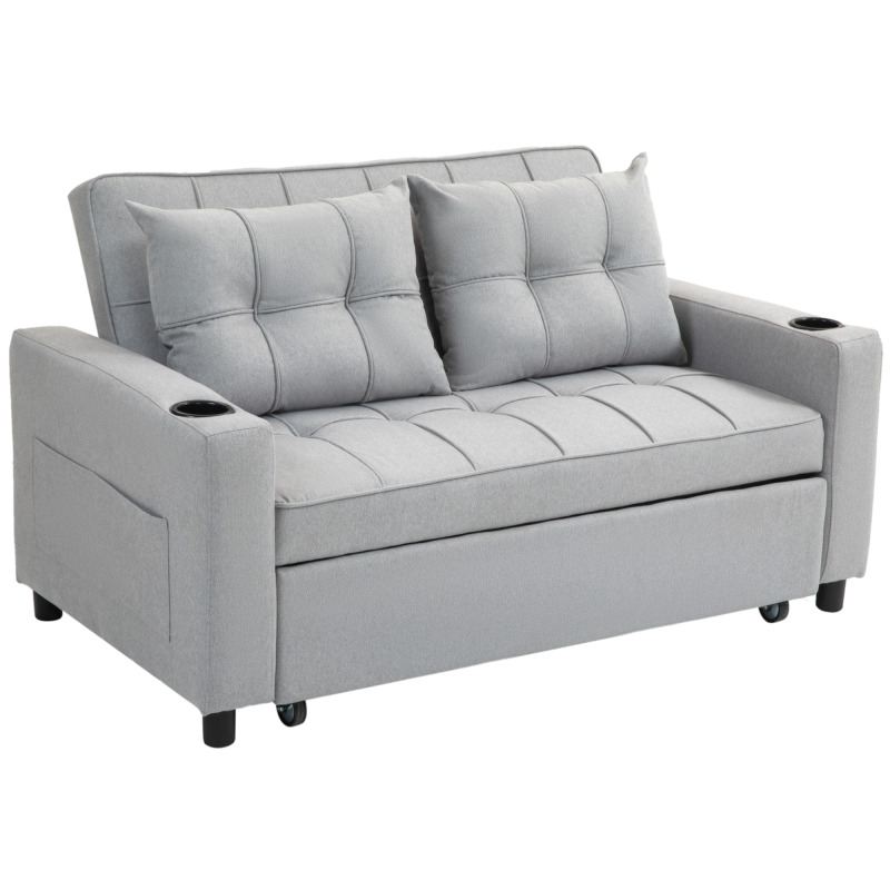 Homcom Linen-look 2 Seater Pull Out Sofa Bed With Side Pockets & Cup Holders - Grey