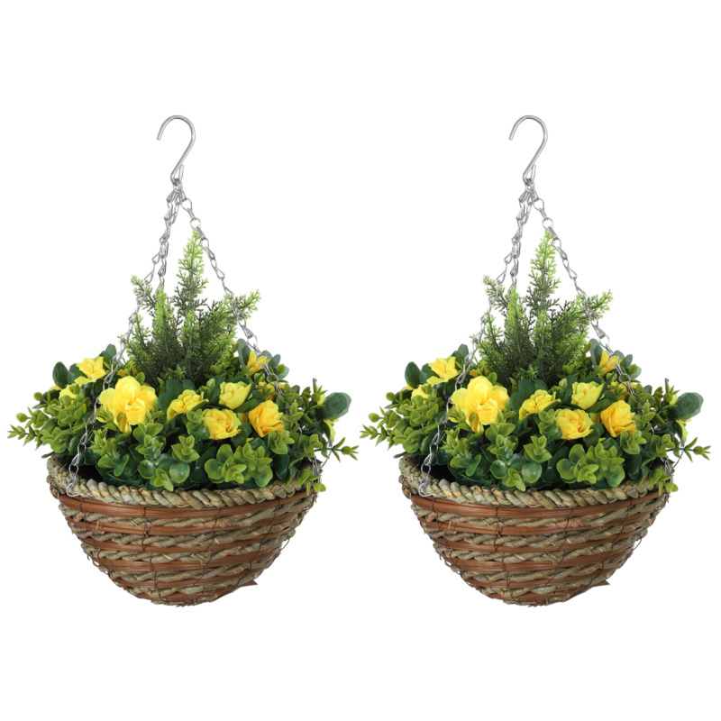 Outsunny Artificial Lisianthus Hanging Basket Planters Set Of 2 - 18 Blooms, 72 Leaves, Plastic