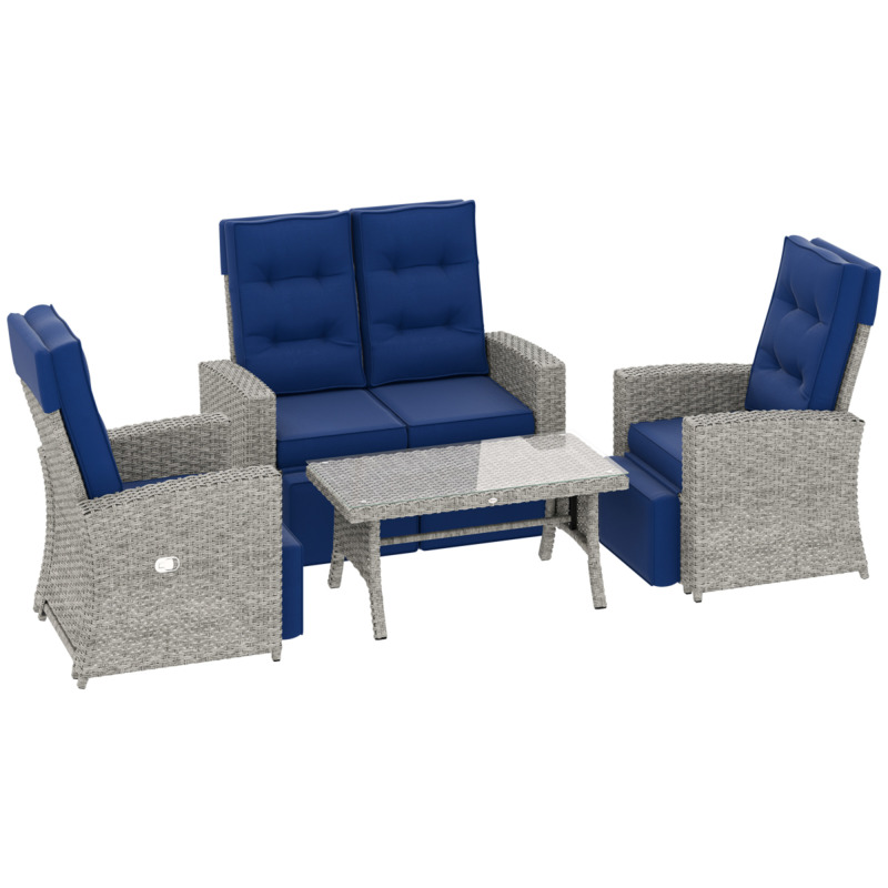 Outsunny Grey Rattan Garden Furniture Set With Reclining Armchairs Glass Coffee Table - 135 Recline